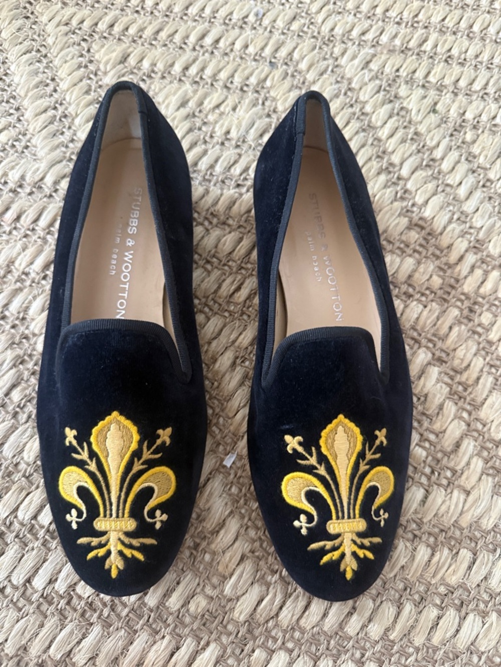 Stubbs & Wootton Black Velvet Loafers with Yellow Fleur-de-Lis Embroidery